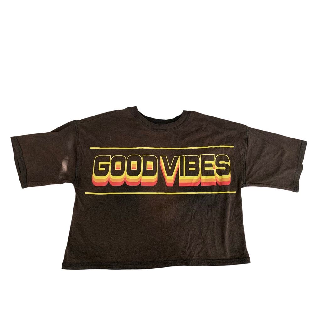 Women’s Retro Crop Top – Medium – Brown – “Good Vibes” Graphic Tee